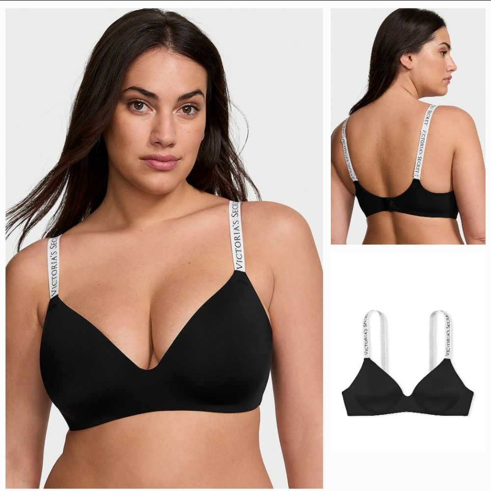 Victoria's Secret Black Wireless VS Logo Straps Bra. Size 34D